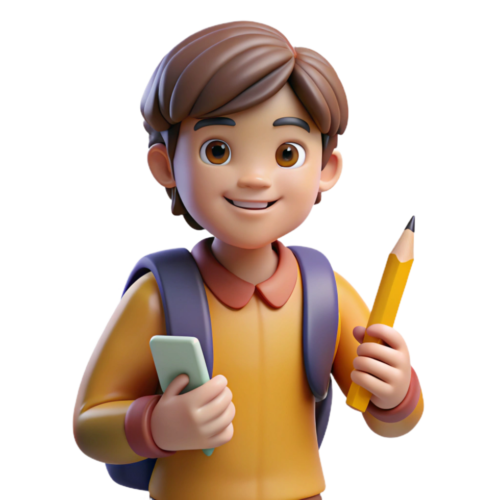 distinguished surreal Student, backpack, holding pencil, NO BACKGROUND with Transparent Background. high resolution png
