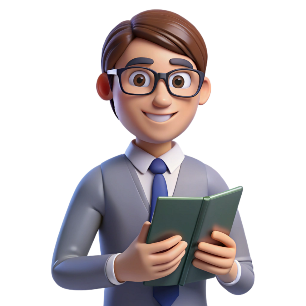 distinguished urban Teacher, glasses, holding book, NO BACKGROUND with Transparent Background. artisan png