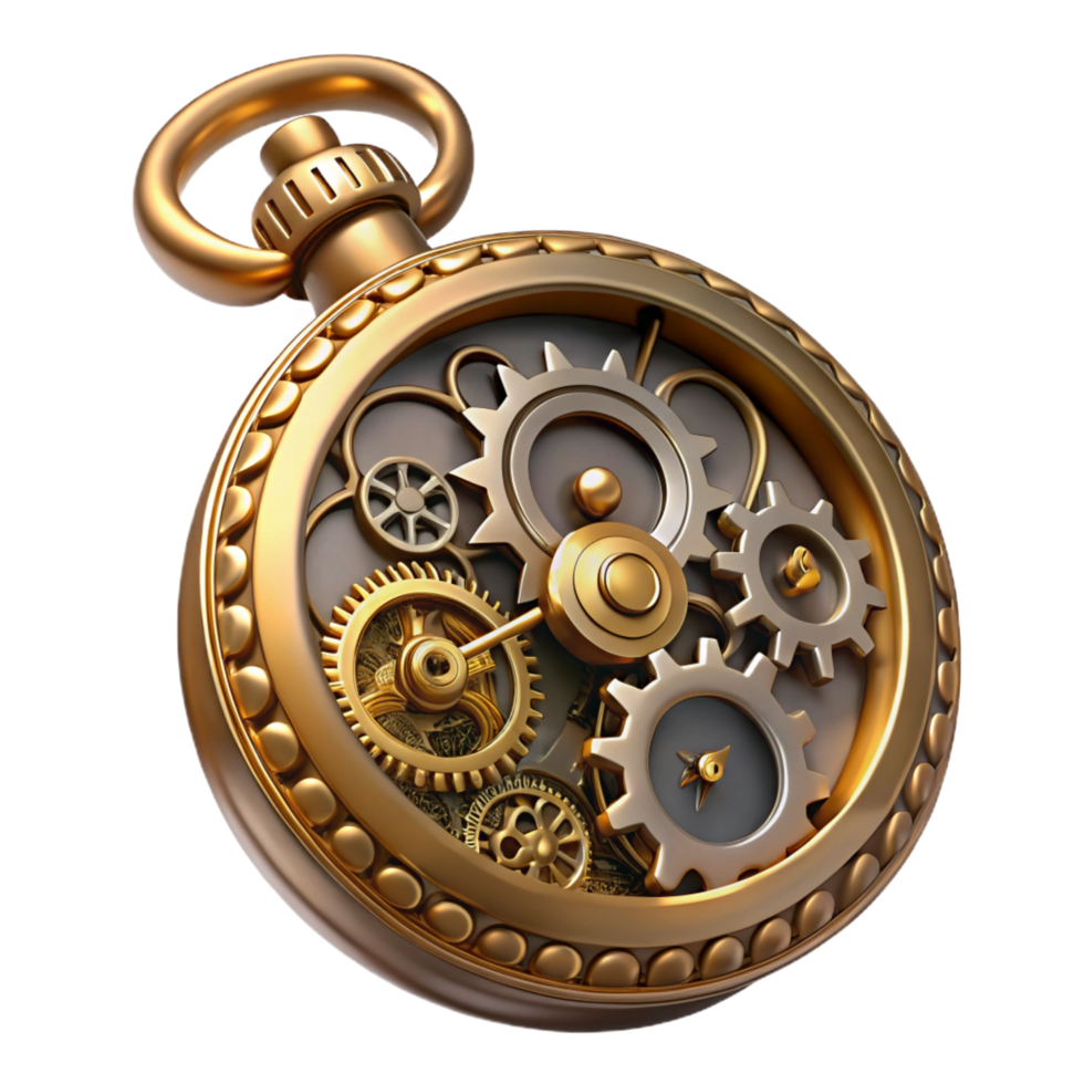 alluring ethereal art deco Steampunk pocket watch with ornate carvings and exposed gears. NO BACKGROUND with Transparent Background. 4K png