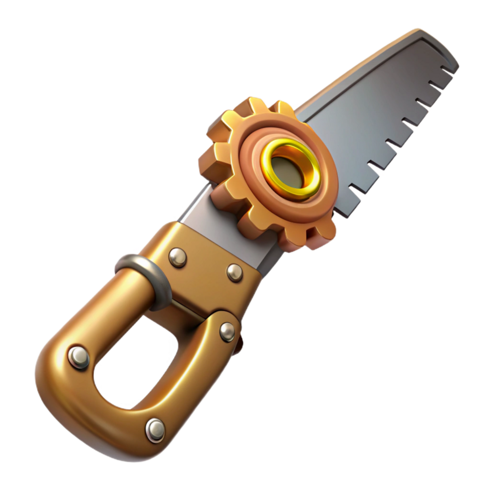 captivating rare Steampunk saw with a brass blade and a gear-embedded handle. NO BACKGROUND with Transparent Background. png