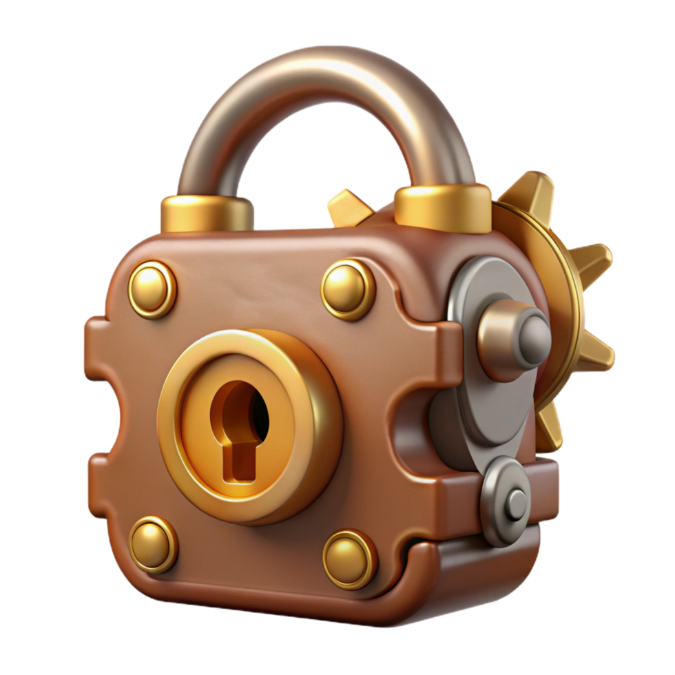 dazzling ethereal tropical Steampunk lock with intricate gear mechanisms and a brass keyhole. NO BACKGROUND with Transparent Background. premium png