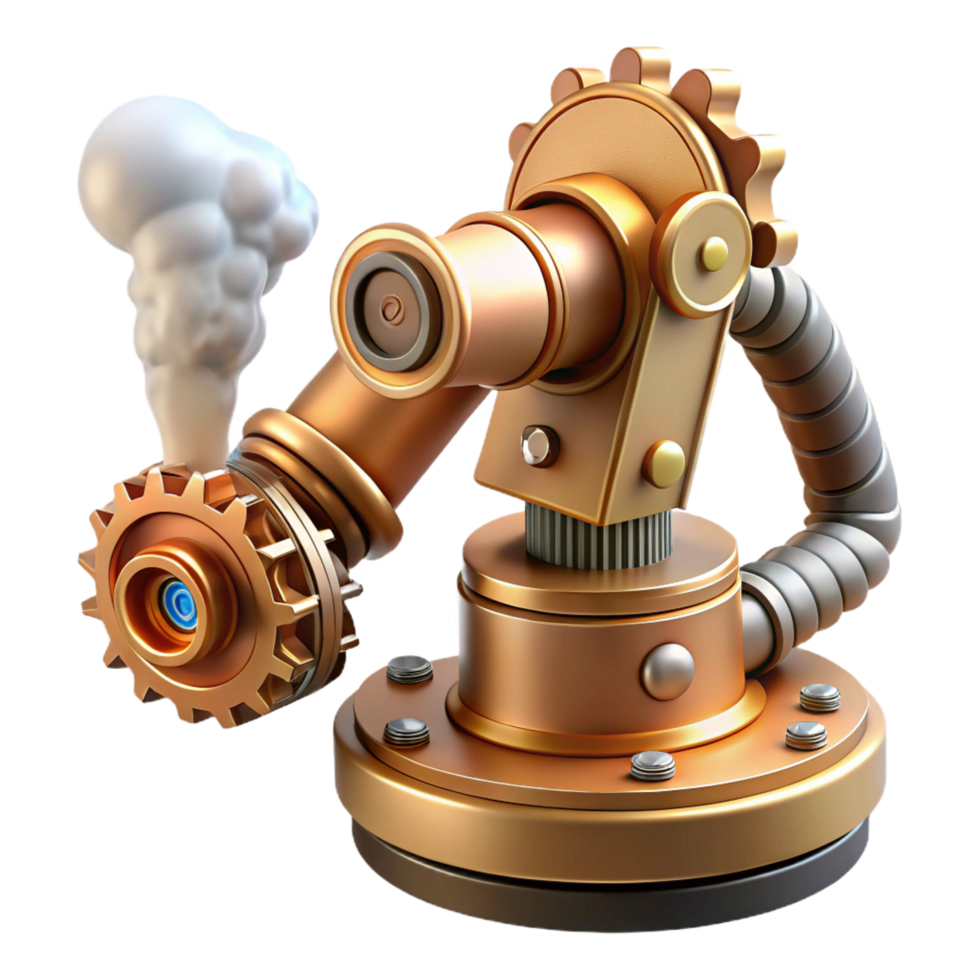 captivating artistic Steampunk robotic arm with exposed gears and steam vents. NO BACKGROUND with Transparent Background. studio quality png