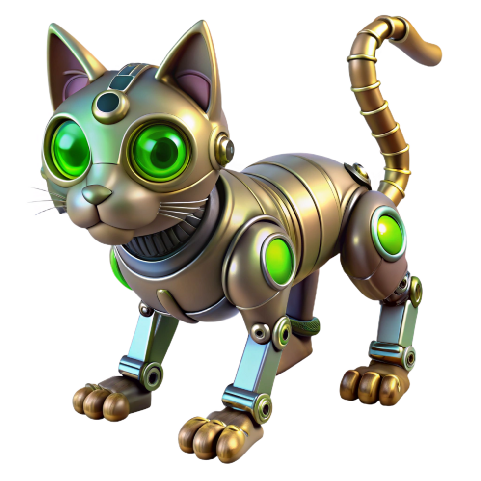 beautiful retro Steampunk robotic cat with articulated legs and glowing green eyes. NO BACKGROUND with Transparent Background. elite png