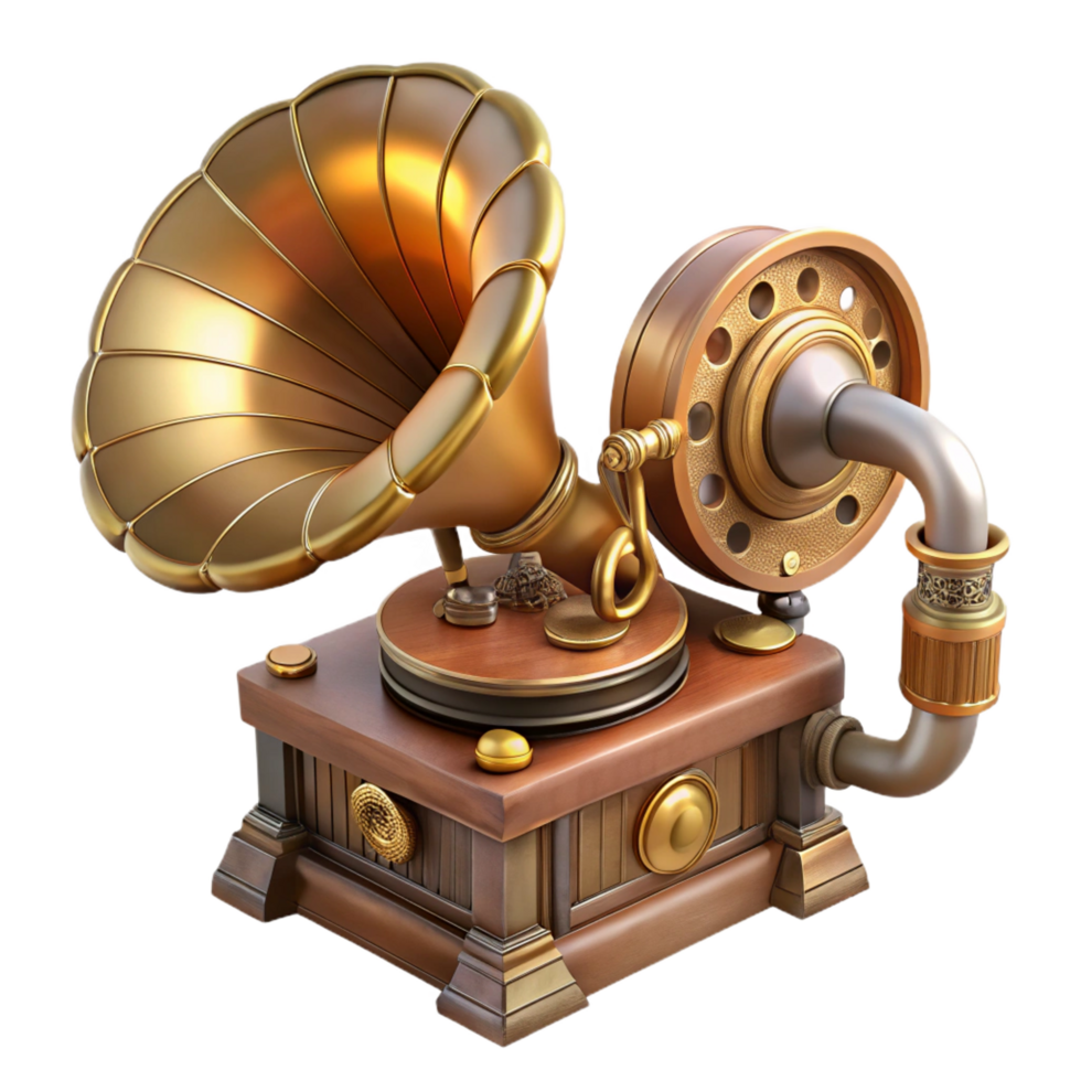 dazzling melancholic minimalist Steampunk gramophone with a large brass horn and intricate gears. NO BACKGROUND with Transparent Background. artisan png