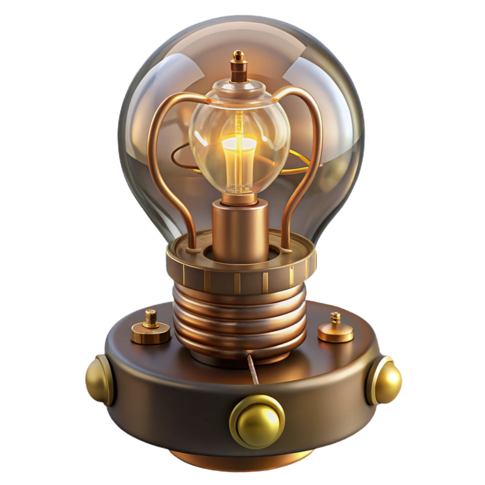 elegant victorian Steampunk lightbulb with intricate filaments and a brass base. NO BACKGROUND with Transparent Background. genuine png