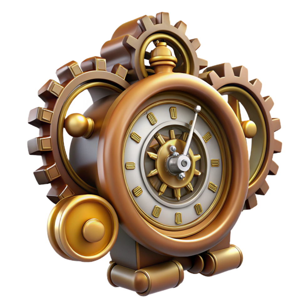 distinguished avant-garde Steampunk clock with intricate gears and Roman numerals. NO BACKGROUND with Transparent Background. 8K png