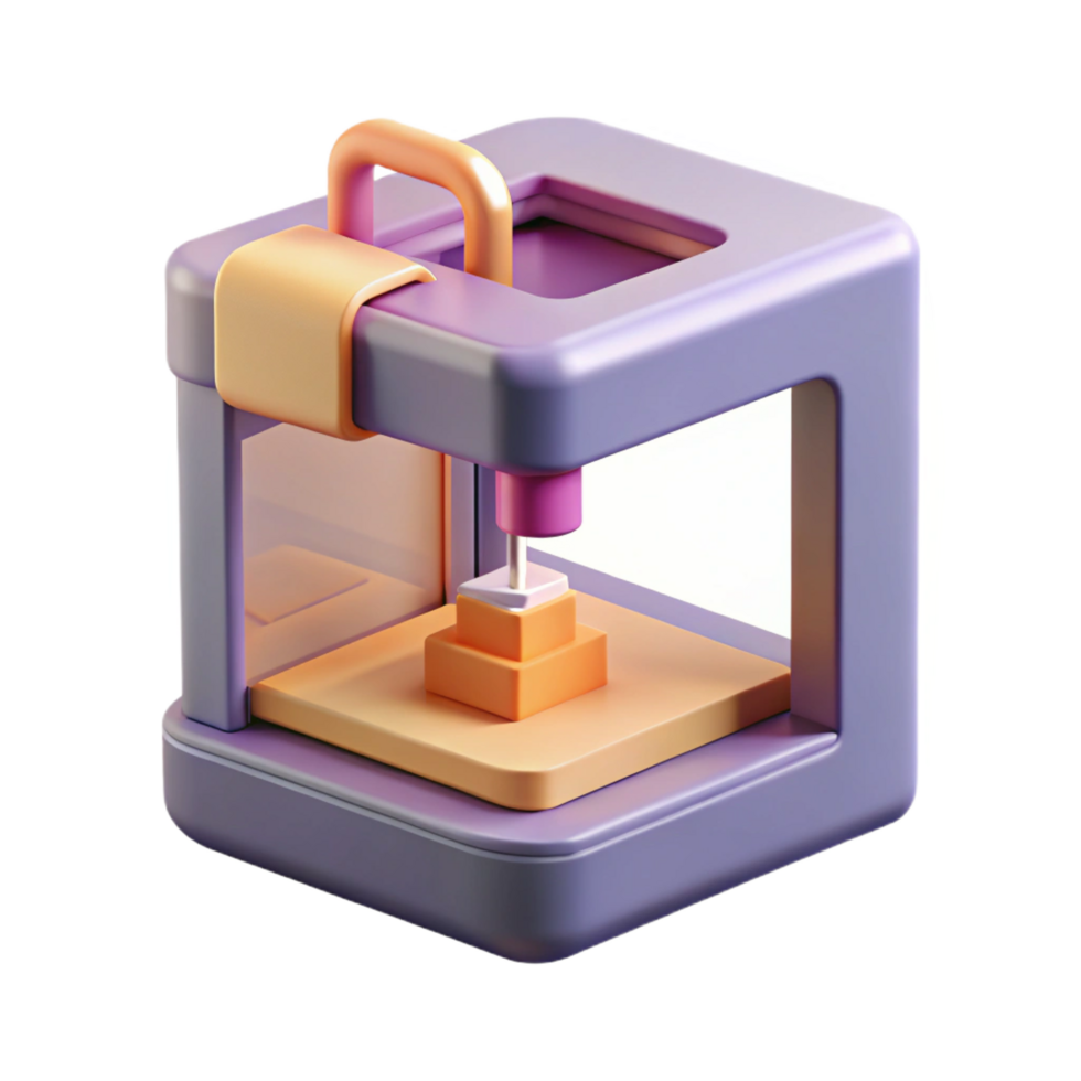 enchanting futuristic 3D printer printing a small object NO BACKGROUND with Transparent Background. expertly shot png