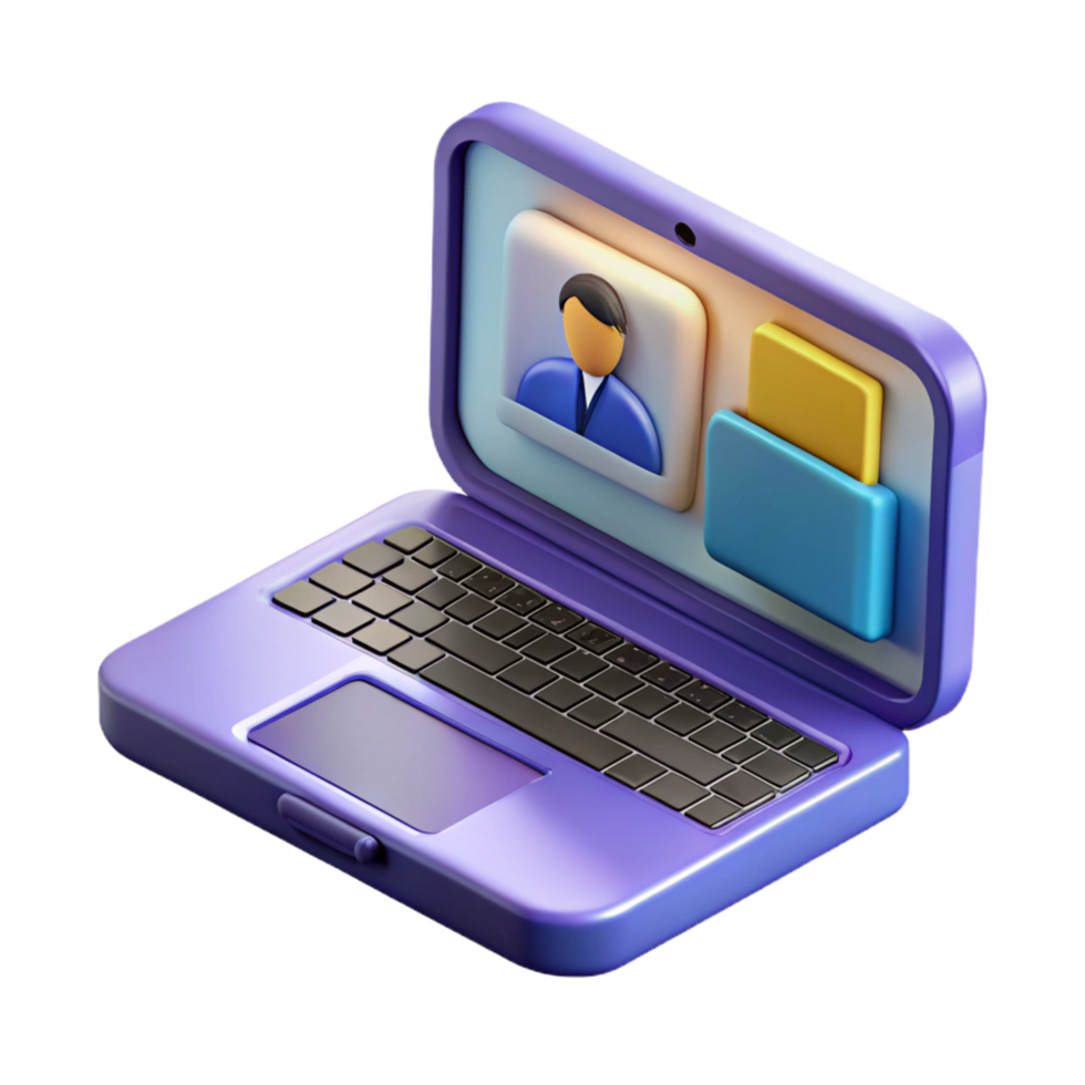 acclaimed impressionist Laptop with open lid displaying a conference NO BACKGROUND with Transparent Background. authentic png