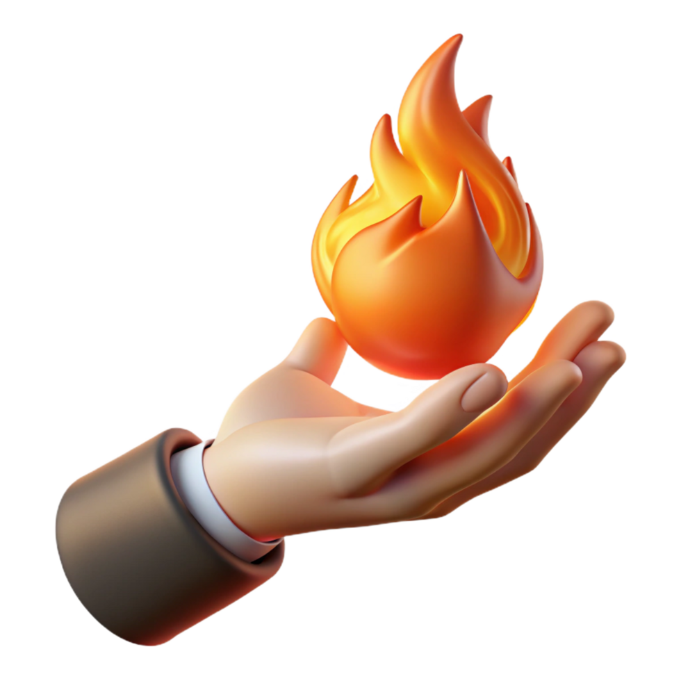 acclaimed avant-garde A single hand holding a flaming fireball, NO BACKGROUND with Transparent Background. sharp png