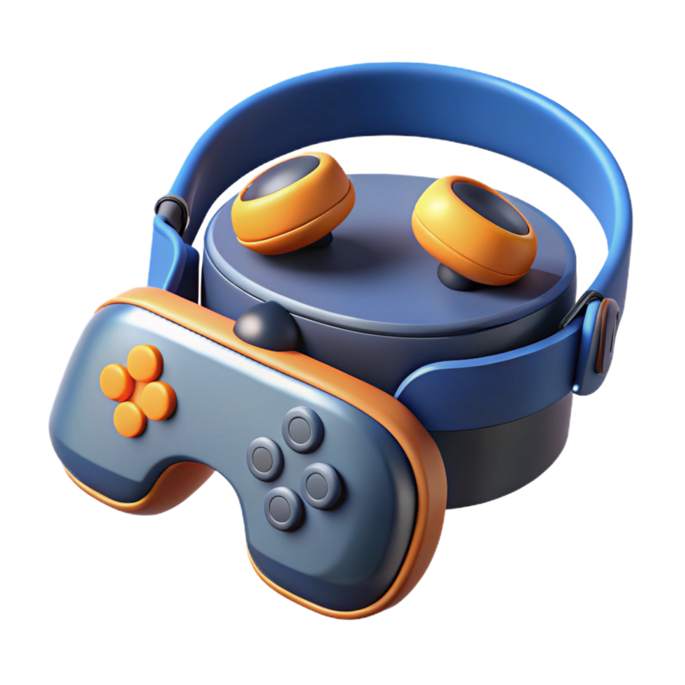 bold hypnotic Virtual reality headset with controllers NO BACKGROUND with Transparent Background. museum quality png