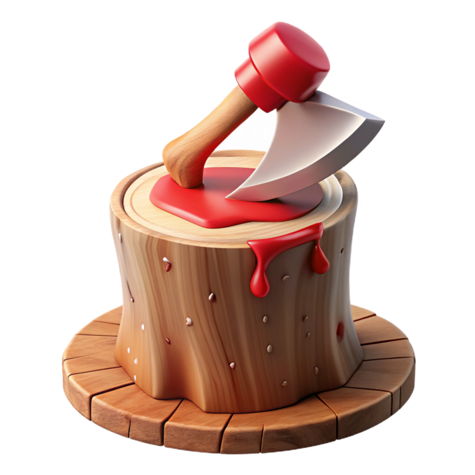 elegant timeless A single, bloodied axe embedded in a wooden stump. NO BACKGROUND with Transparent Background. png