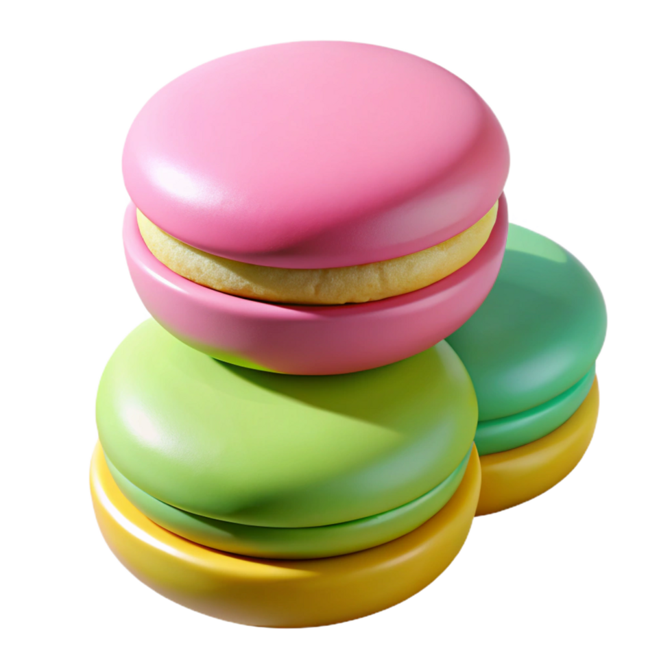 captivating calm bohemian A stack of three colorful macarons, pastel pink, green, and yellow. NO BACKGROUND with Transparent Background. gallery standard png