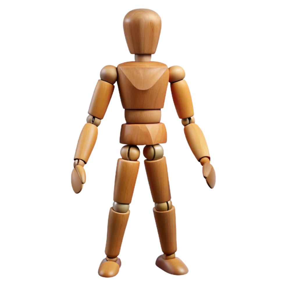 elegant acclaimed A wooden artist's mannequin, jointed and posable. NO BACKGROUND with Transparent Background. png