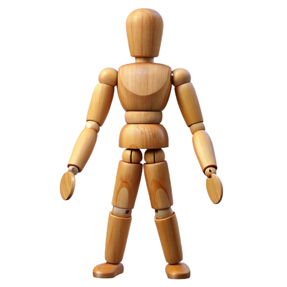 distinguished classic A wooden artist's mannequin, jointed and posable. NO BACKGROUND with Transparent Background. expertly shot png