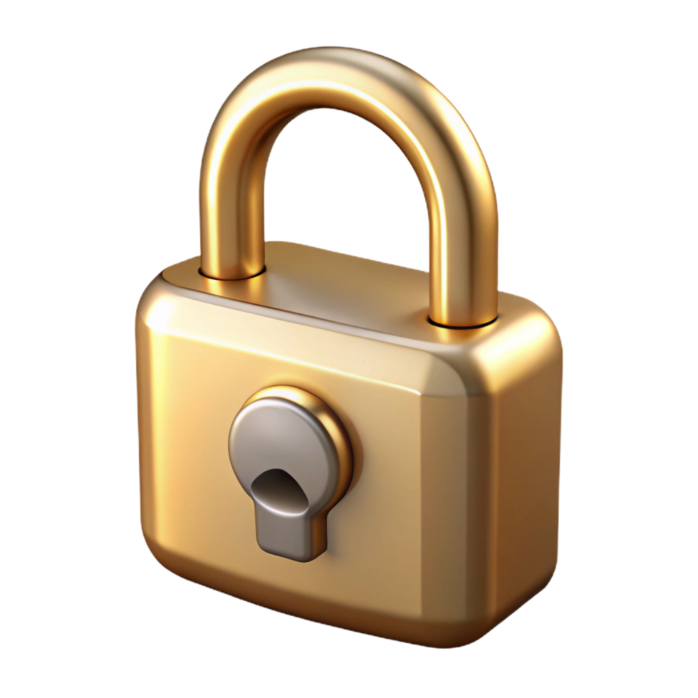 beautiful futuristic A single padlock, brass and locked. NO BACKGROUND with Transparent Background. luxury png