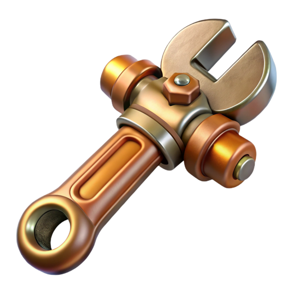 breathtaking standout Steampunk wrench with adjustable jaws and a brass handle. NO BACKGROUND with Transparent Background. png
