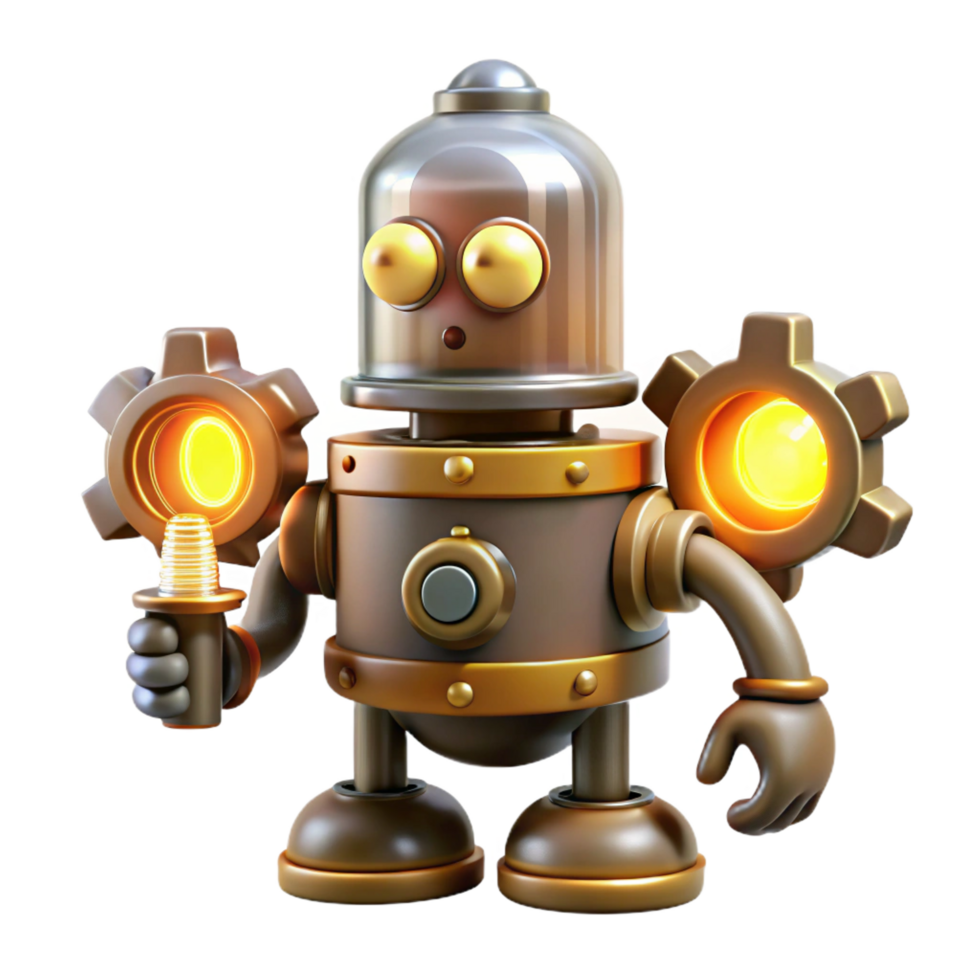 dreamy enchanting Steampunk robot icon with exposed gears and glowing vacuum tubes. NO BACKGROUND with Transparent Background. premium png