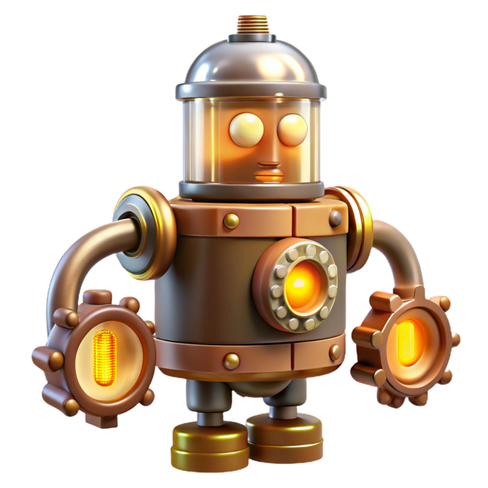 dynamic extraordinary Steampunk robot icon with exposed gears and glowing vacuum tubes. NO BACKGROUND with Transparent Background. fine detail png