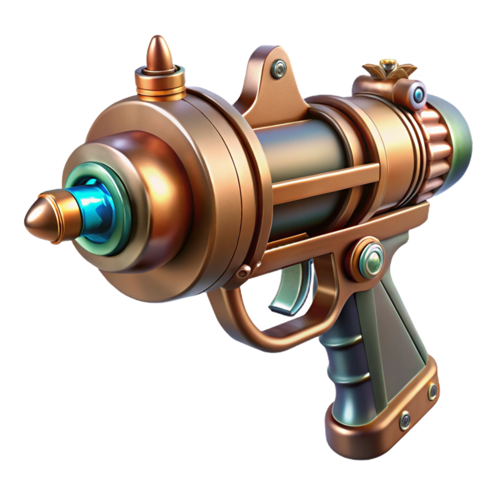 captivating peaceful mid-century Steampunk ray gun illustration with copper piping and crystal core. NO BACKGROUND with Transparent Background. flawless png
