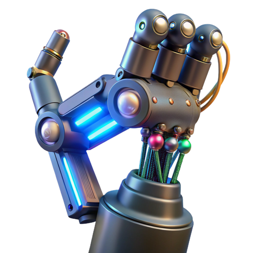 inspired retro Cyberpunk robotic arm with intricate wiring and glowing circuitry. NO BACKGROUND with Transparent Background. high resolution png