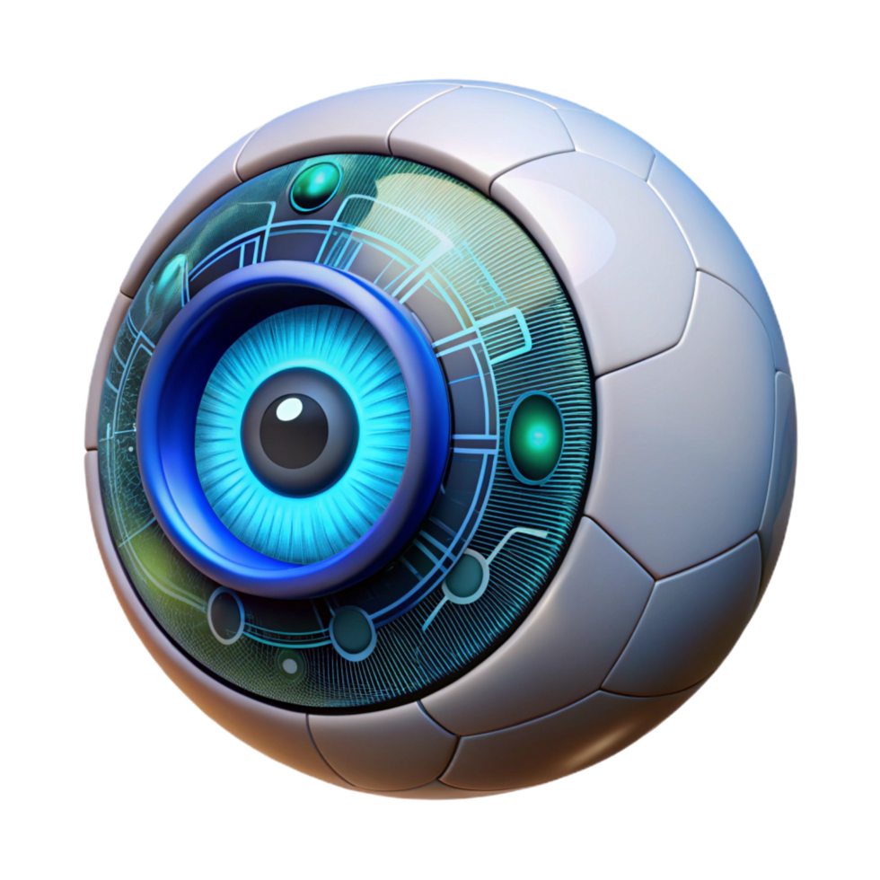fascinante pacífico meio século cibernético olho com intrincado circuitos e brilhando íris. não fundo com transparente fundo. ultra hd png