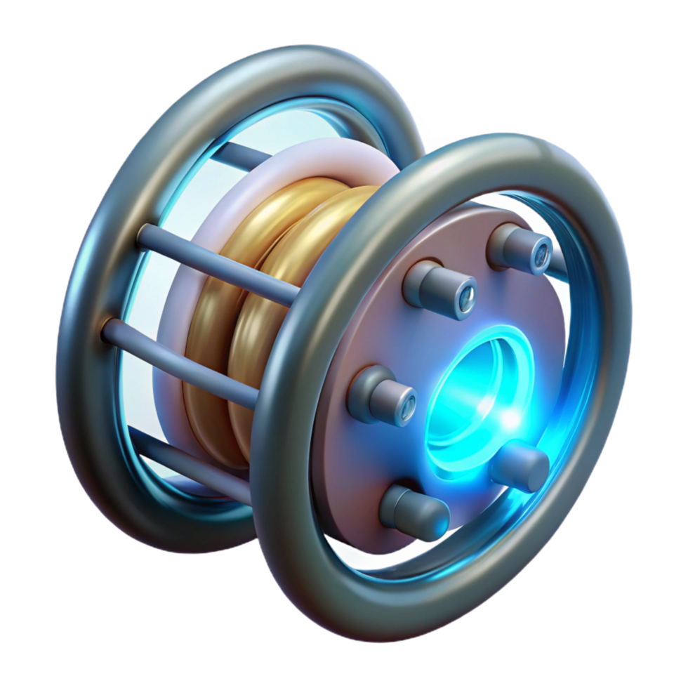 beautiful vintage Artificial gravity generator with glowing core and magnetic coils. NO BACKGROUND with Transparent Background. sharp png