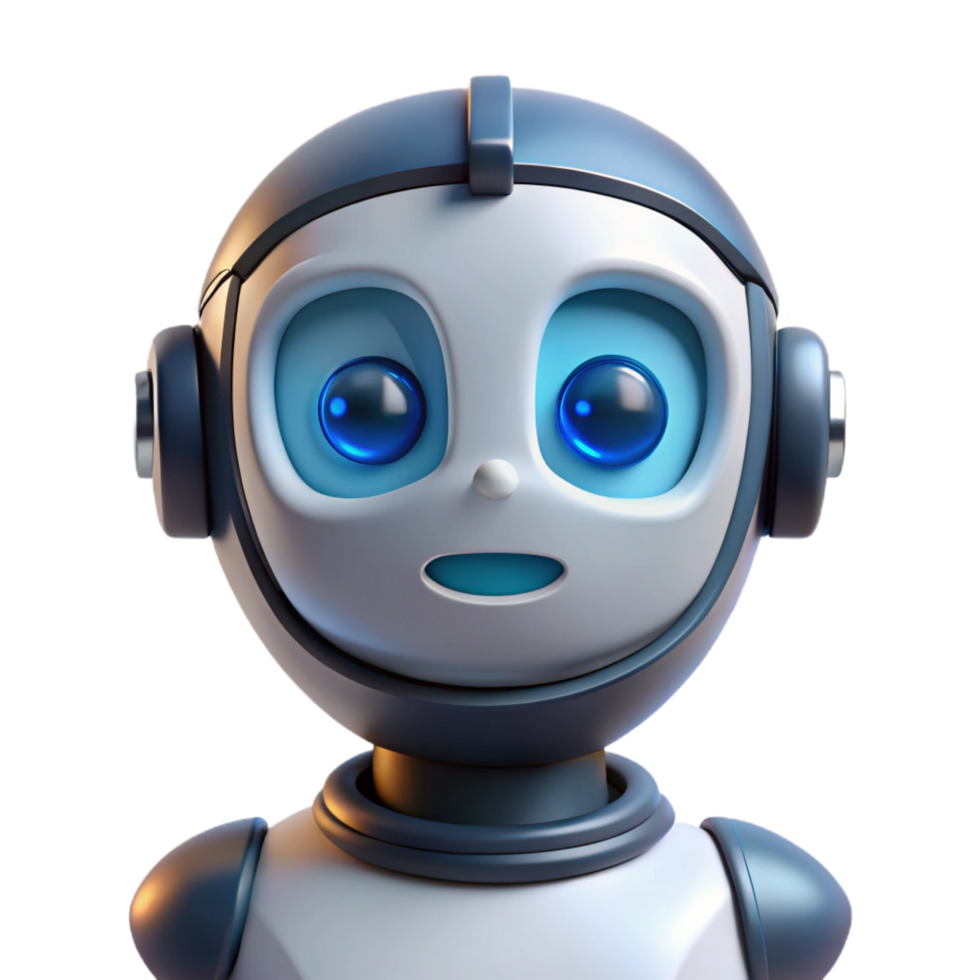 dramatic remarkable Artificial intelligence robot head with glowing eyes and expressive face. NO BACKGROUND with Transparent Background. png