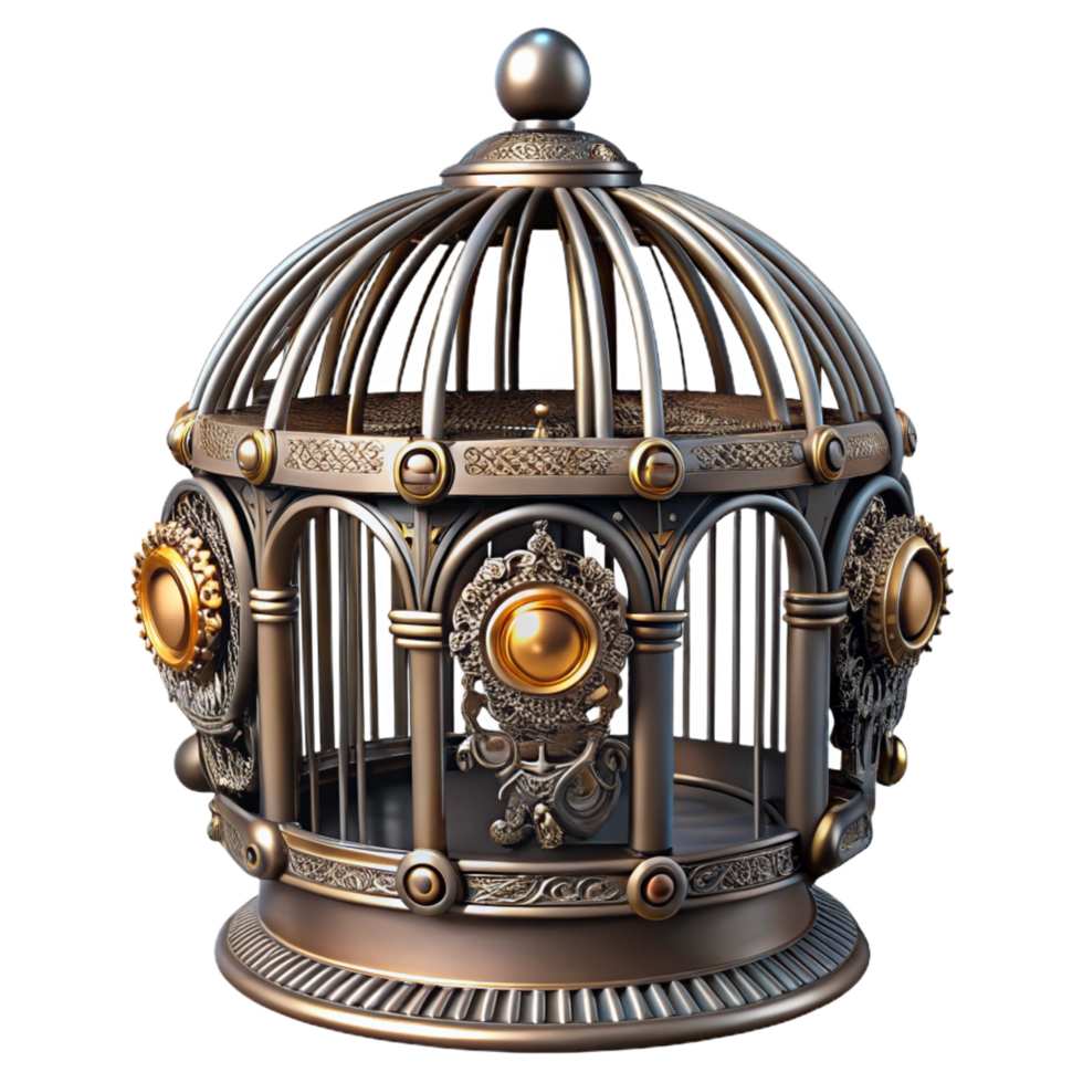 beautiful distinguished Steampunk birdcage with intricate metalwork and decorative embellishments. NO BACKGROUND with Transparent Background. png