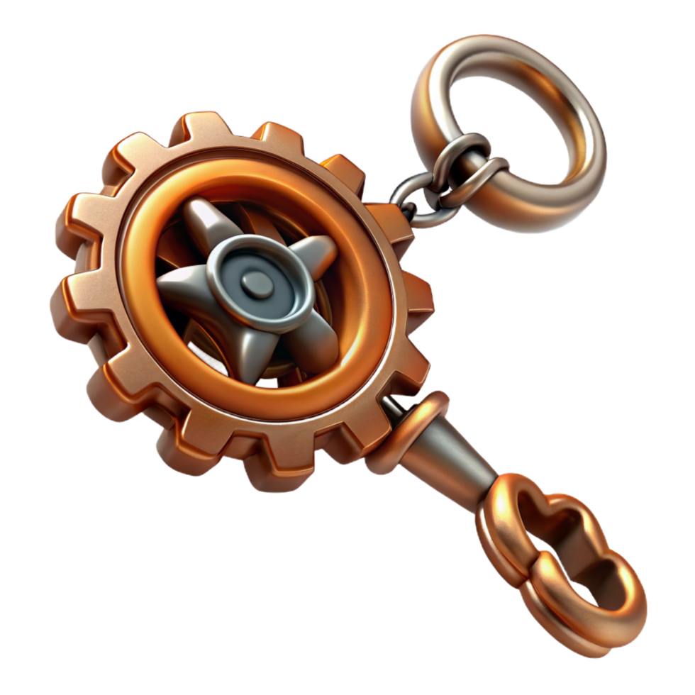 beautiful standout Steampunk key fob with intricate gears and chain. NO BACKGROUND with Transparent Background. png