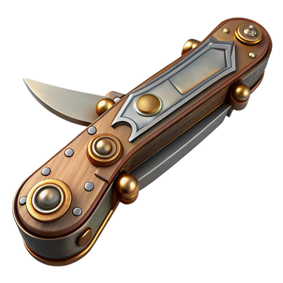 captivating creative Steampunk pocket knife with ornate handle and folding blade. NO BACKGROUND with Transparent Background. top-tier png