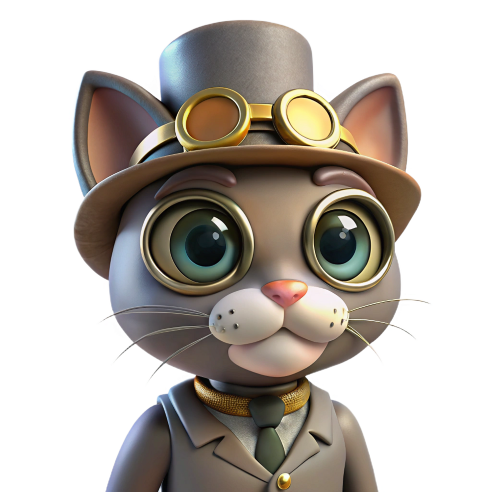 bold magnificent Steampunk cat wearing goggles and a tiny top hat. NO BACKGROUND with Transparent Background. artisan png