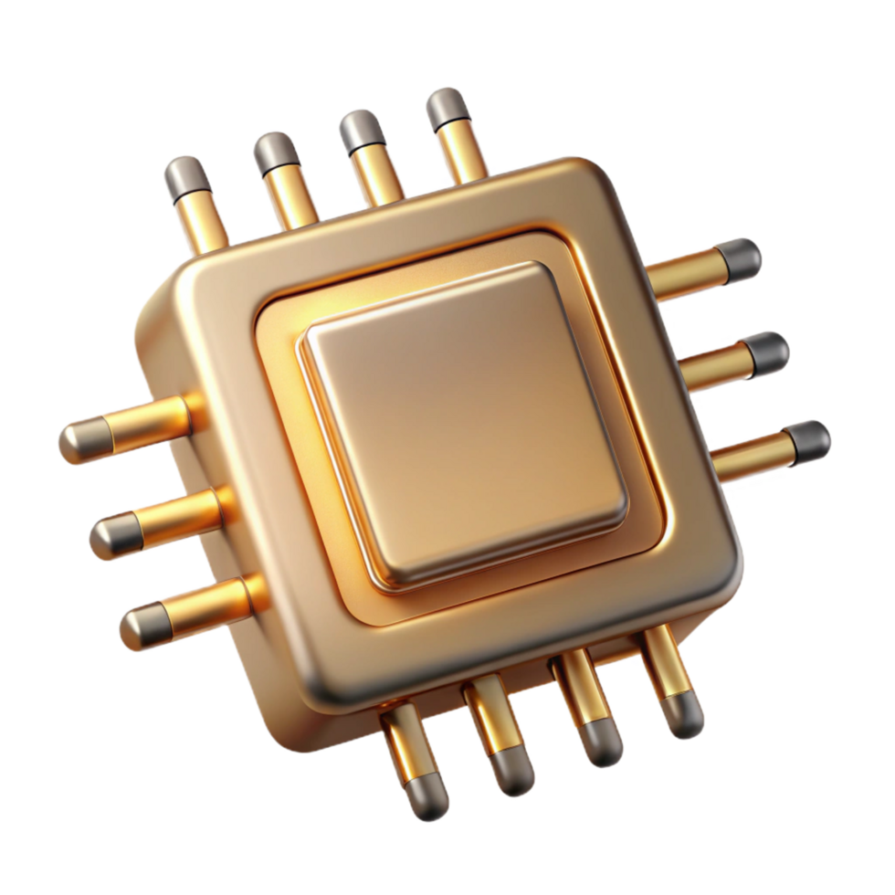 distinguished futuristic High-tech data chip with intricate gold wiring. NO BACKGROUND with Transparent Background. luxury png