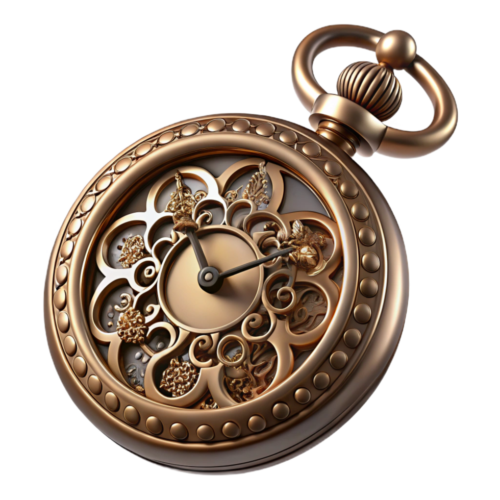 calm elegant Steampunk pocket watch with ornate filigree and Roman numerals. NO BACKGROUND with Transparent Background. studio quality png