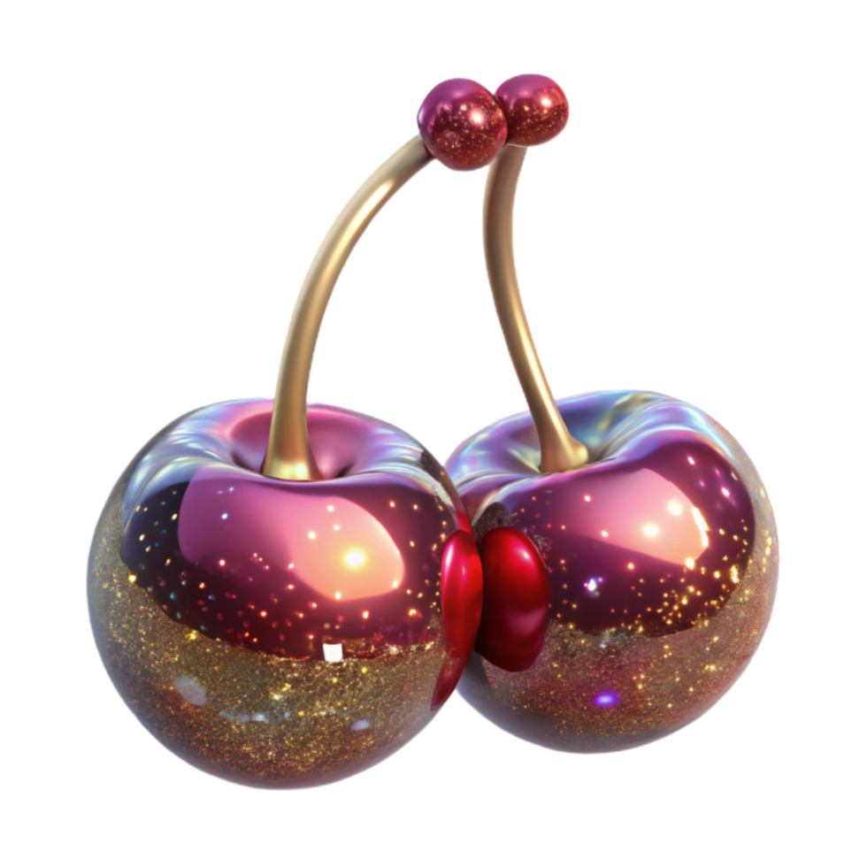 vibrant modern Two Cherries Stems Attached Symmetrical Arrangement Transparent Background authentic png