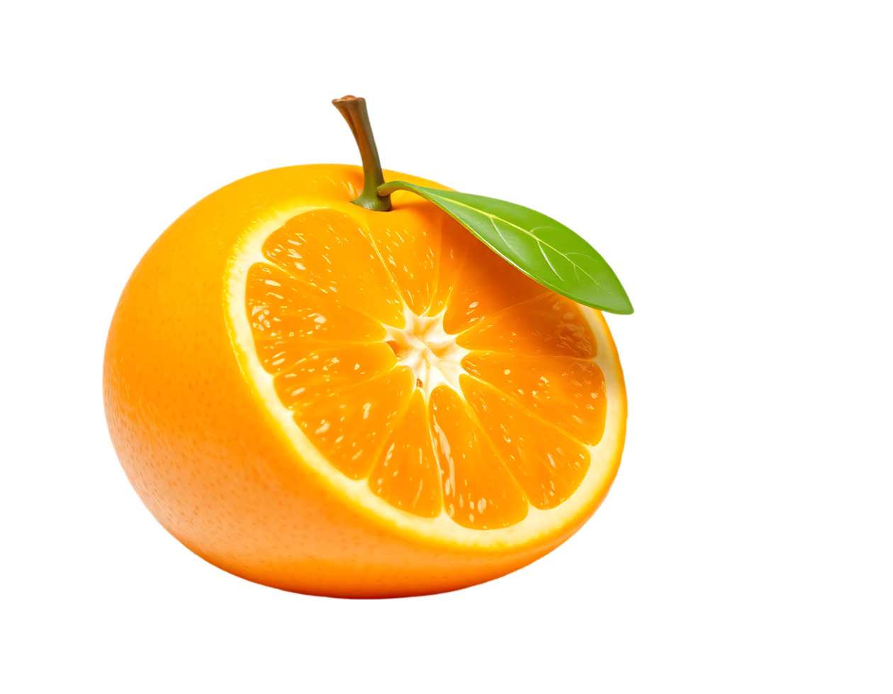 Orange fruit cut in half with leaf png
