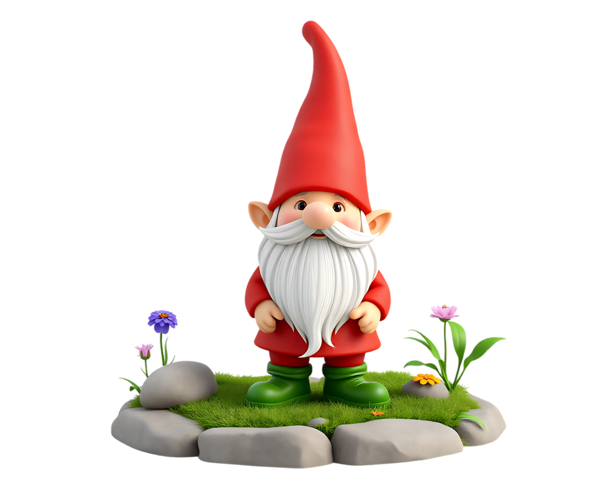 A charming garden gnome with a red hat and white beard on a bed of grass with flowers png