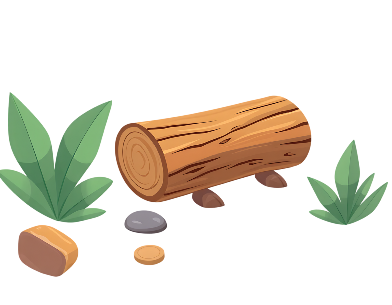 A wooden log surrounded by stones, plants, and grass png