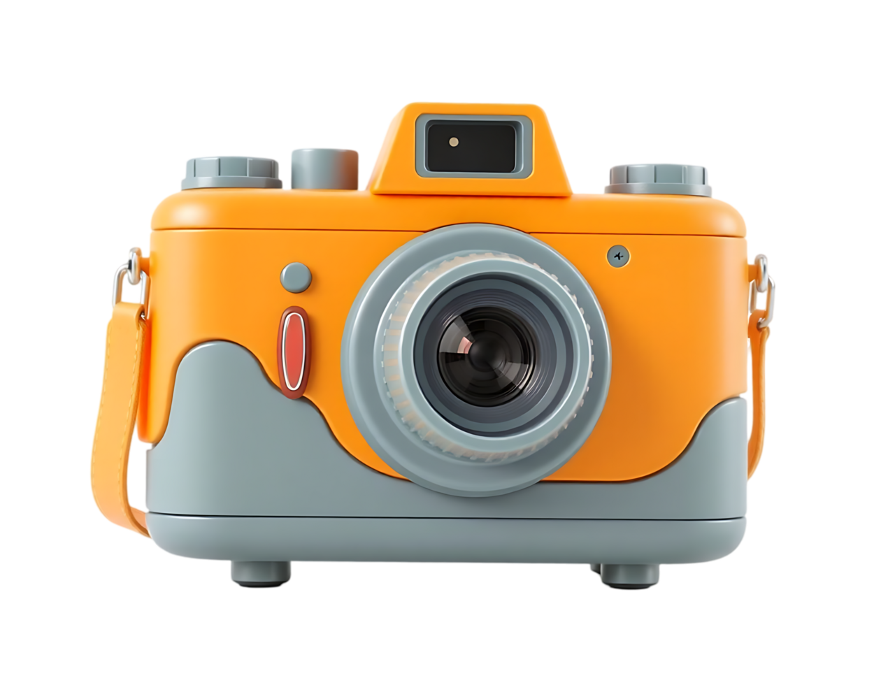 Retro orange camera with a grey base and strap png