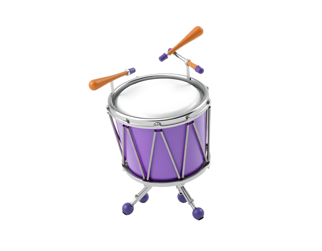 3D render of a purple drum with drumsticks png