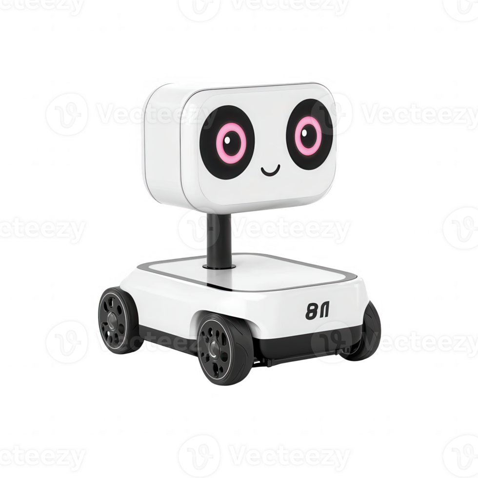 Cute robotic toy with a smiling face, designed for kids, featuring large expressive eyes and a compact shape, set against a white isolated background. png