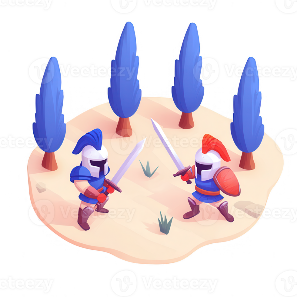 Two cartoon knights engage in a playful duel surrounded by stylized trees on a sandy terrain. png