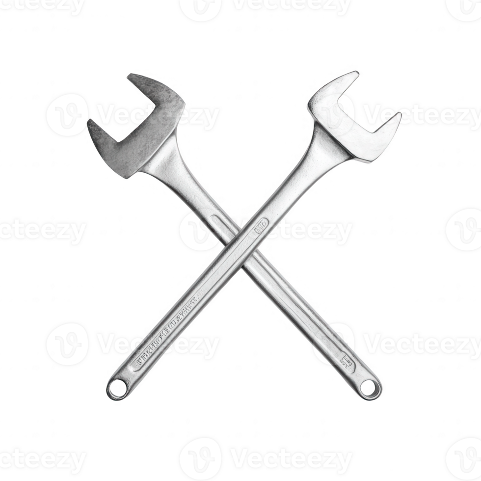 Crossed metal wrenches on a white isolated background, showcasing a durable and essential tool for mechanical and engineering tasks. png