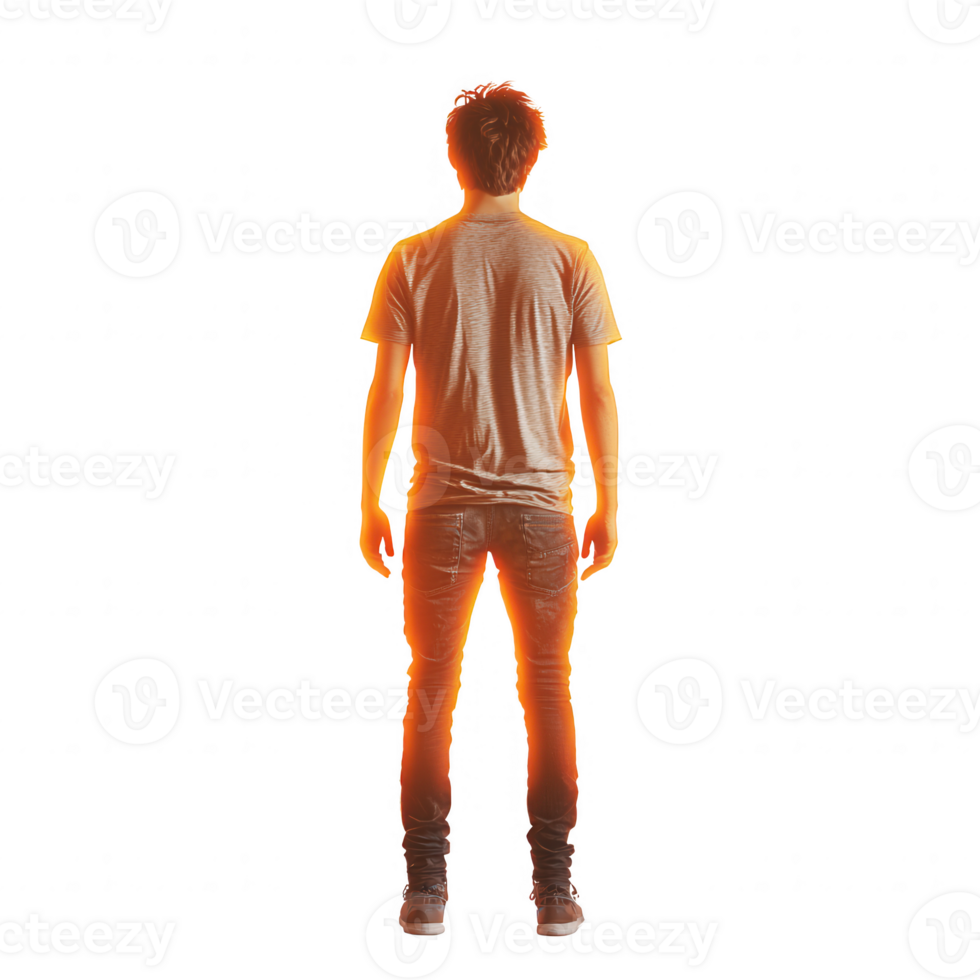 A young person standing with their back to the viewer, highlighted in orange glow png