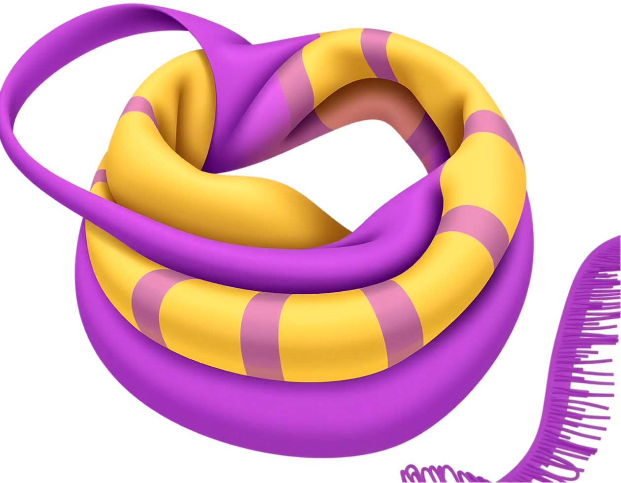 A vibrant, yellow and purple striped scarf, perfect for winter warmth and fashion. png