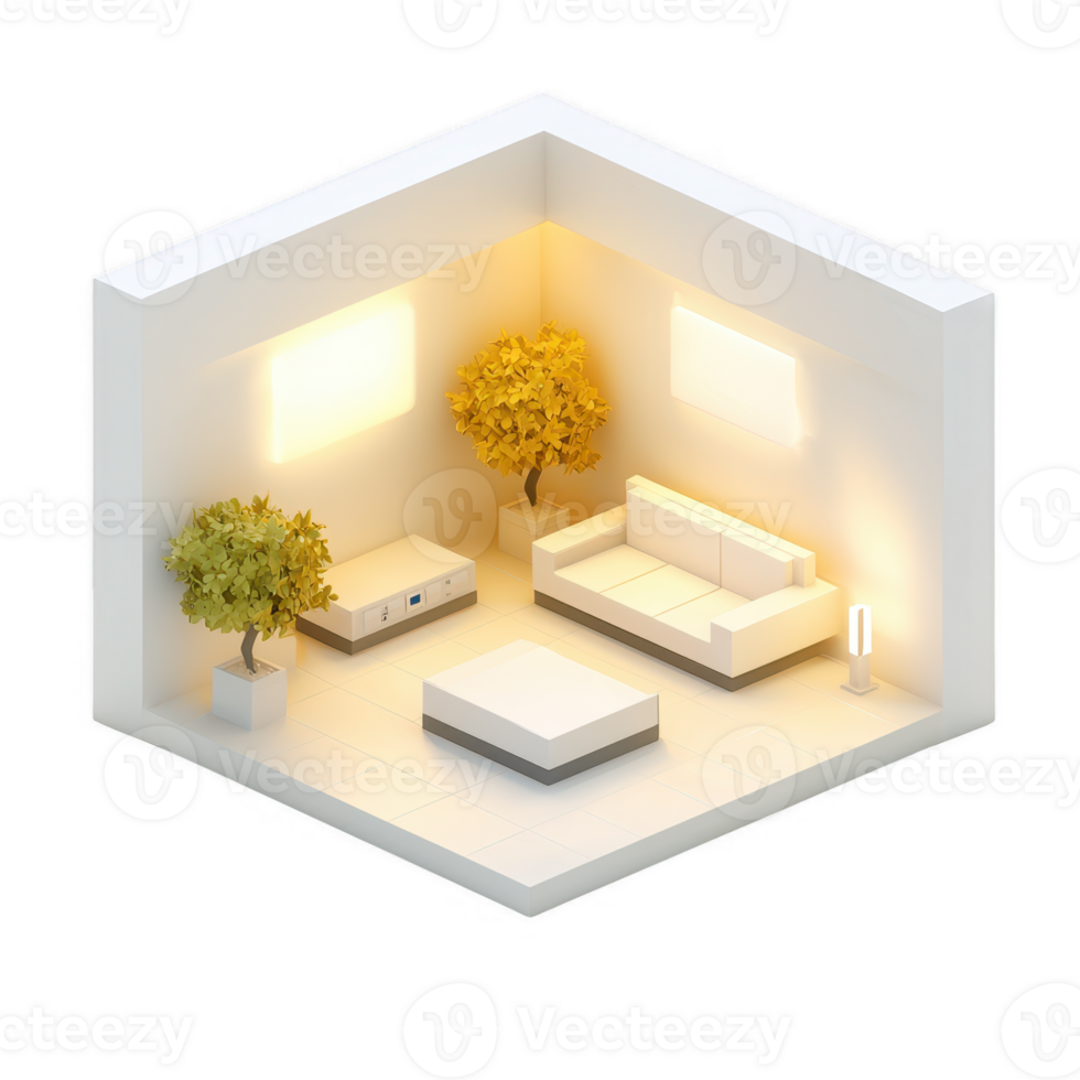 Modern, cozy living room with a white sofa, coffee table, and decorative plants, illuminated with soft, warm light, creating a tranquil atmosphere. png