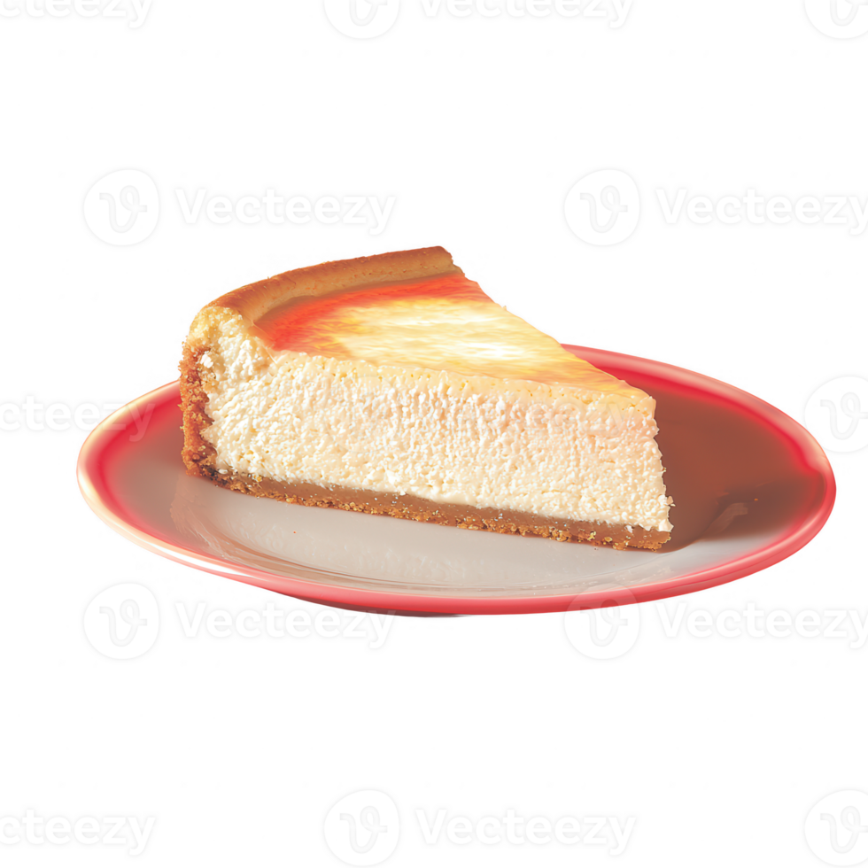 Delicious slice of cheesecake on a plate, beautifully presented to highlight creamy texture and golden crust, perfect for dessert lovers and food photography. png