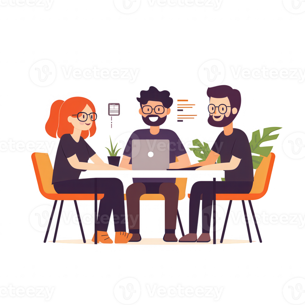 Three professionals collaborating at a table with a laptop, engaged in a discussion. The atmosphere is modern and vibrant, showcasing teamwork and creativity. png