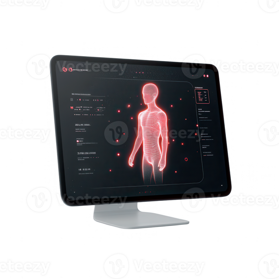 Futuristic computer monitor displaying a digital human anatomy model with glowing effects on a dark background. png