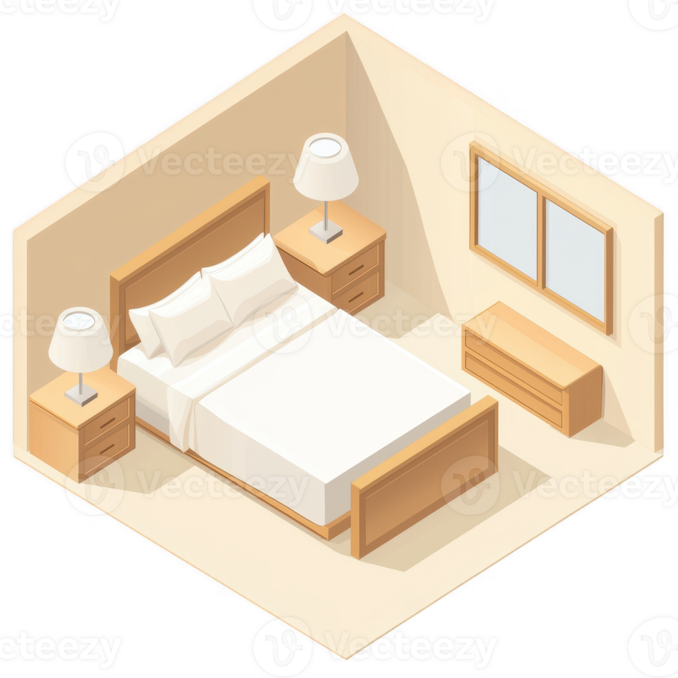 Cozy bedroom interior with a modern design featuring a double bed, bedside lamps, and a dresser against a warm wall png