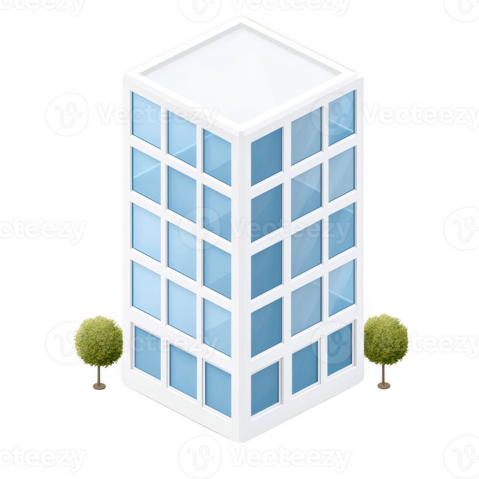 Modern office building with a sleek design, featuring large windows, surrounded by small trees. Ideal for urban development themes. png